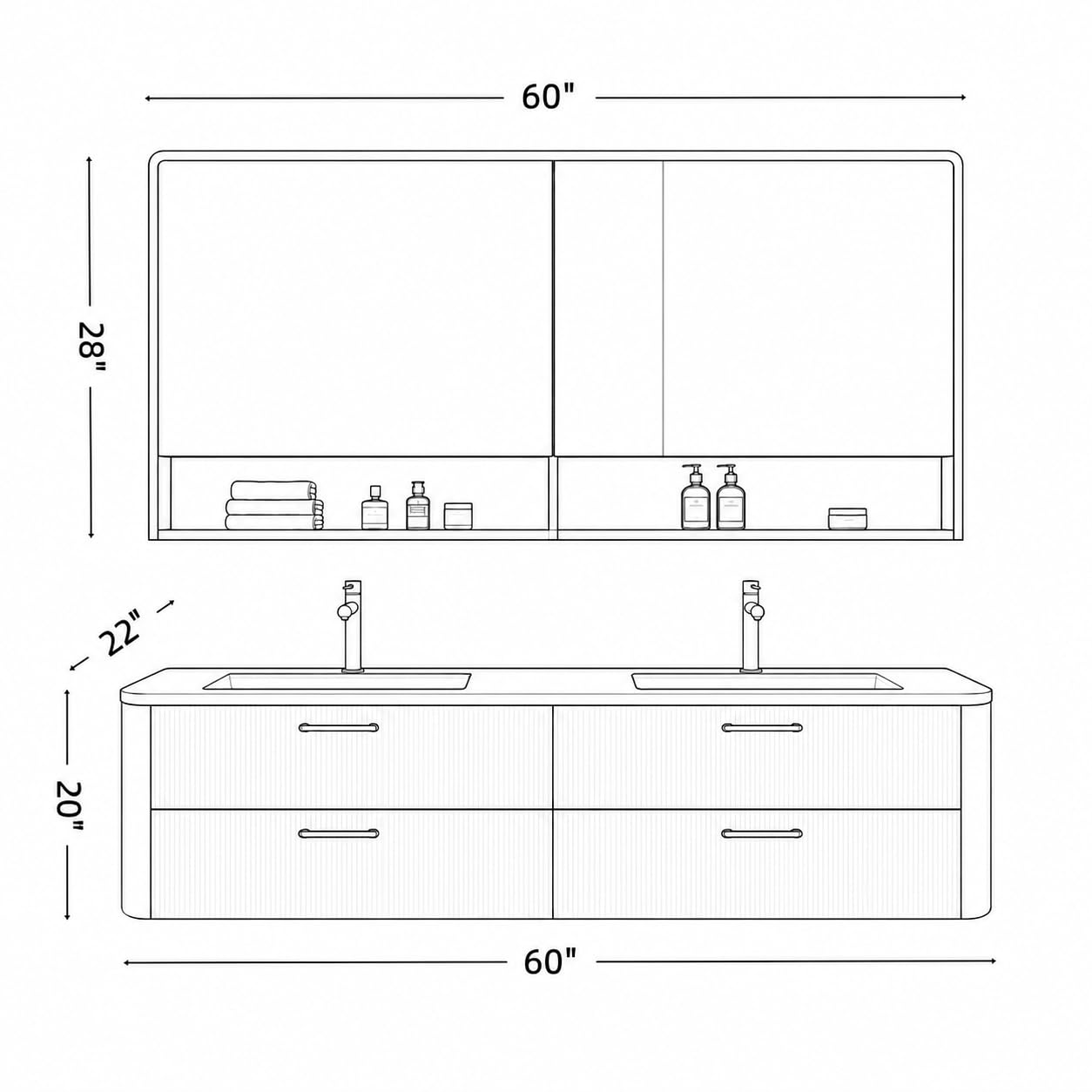 Tocador de baño doble de 60 pulgadas, diseño flotante moderno, espejo de desempañamiento inteligente, amplio almacenamiento, doble fregadero, encimera de piedra fácil de limpiar para baños elegantes