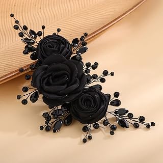 Bridal Wedding Headband Black Flower Headband Floral Crystal Hair Pieces Handmade Black Rhinestone Headpiece Hair Accessories for Women Bride Girls