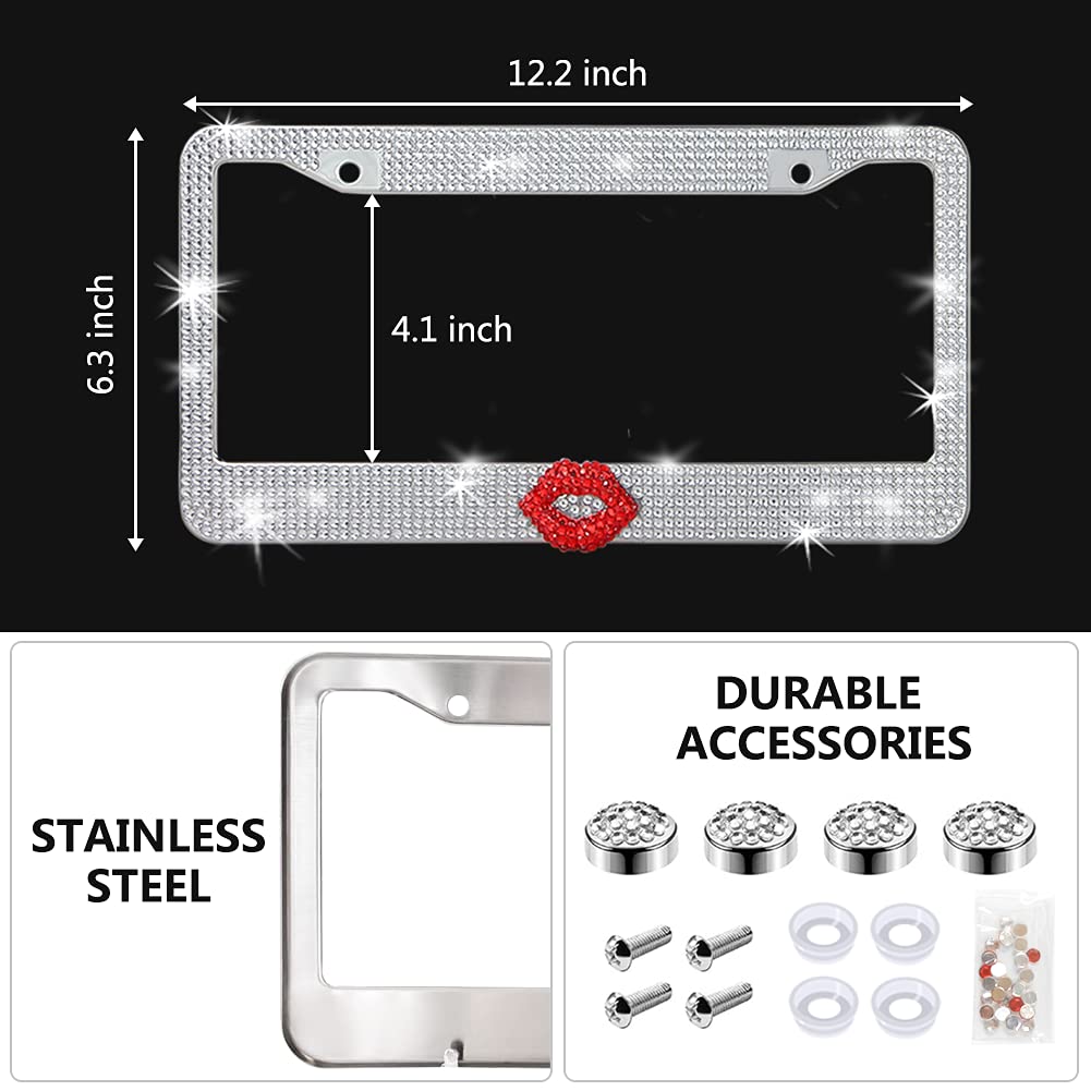 Bling Rhinestone License Plate Frame - 2 Pack With Red Lips Design & Crystals