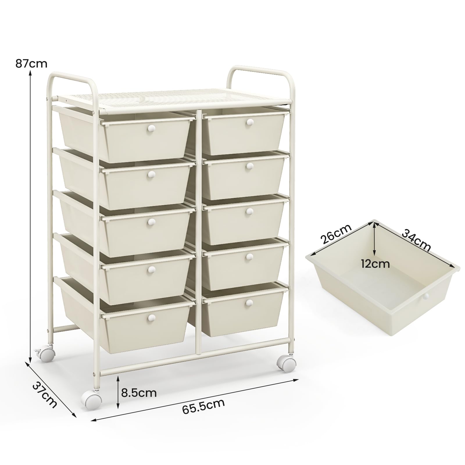 GIANTEX Carro de Almacenamiento con 10 Cajones Plásticos, Cajonera con 4 Ruedas 360°, 2 Bloqueables, 65,5 x 37 x 87 cm, Carrito Auxiliar para Salón, Dormitorio, Cocina, Baño (Blanco)