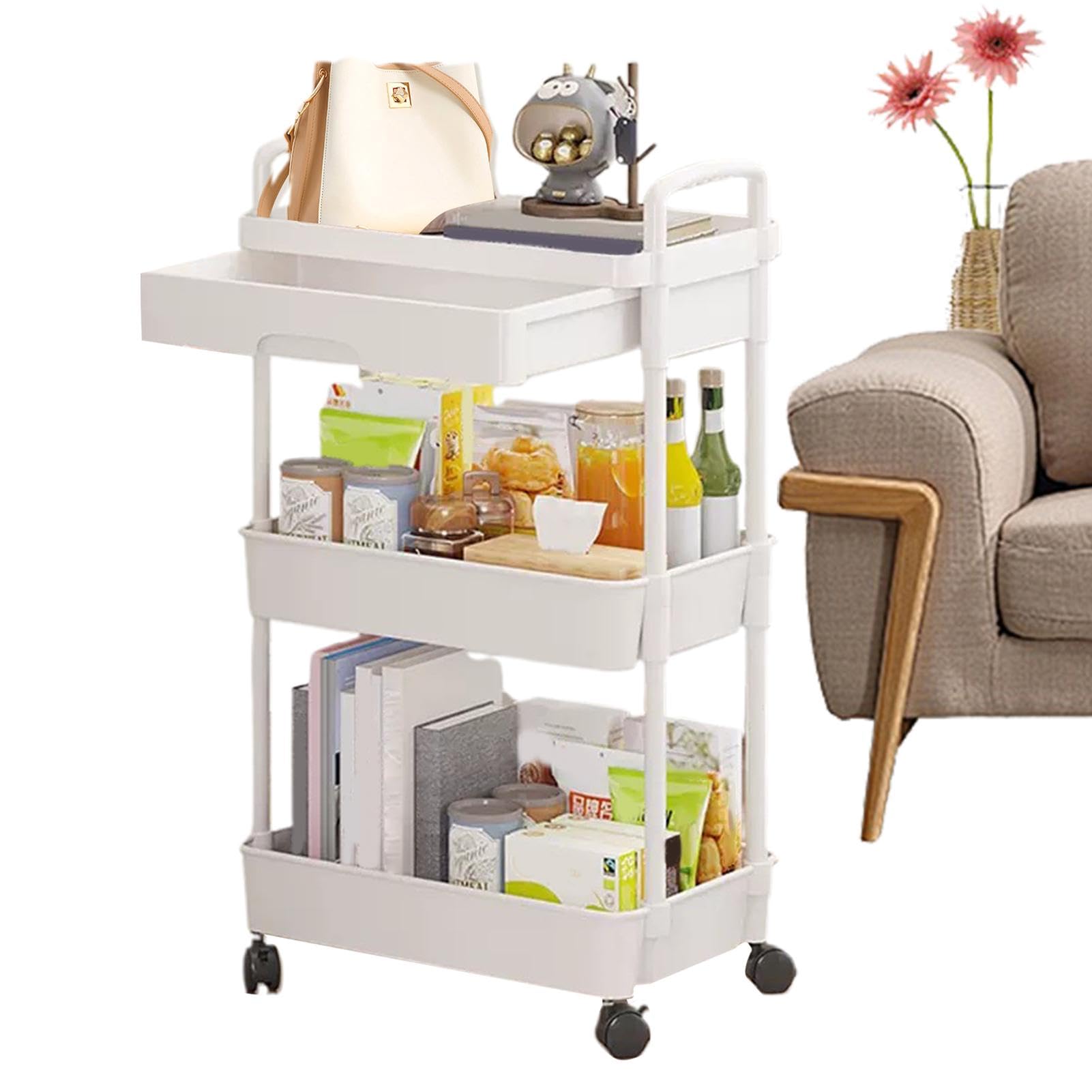 Carrito utilitario de 3 niveles, carrito de almacenamiento con | cajones, carrito de almacenamiento portátil rodante, carrito utilitario compacto multiusos para cocina, dormitorio, sala de e