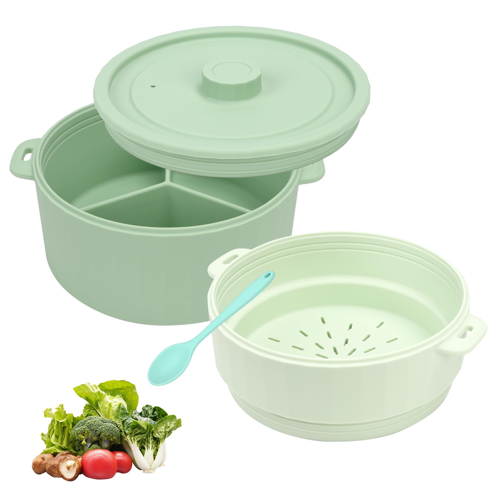 Yallmie Silicone Microwave Steamer, 2-Layer Microwave Food Steamer with Handle Silicone Bowls, Microwave Food Storage Containers for Healthy Cooking and Storege (Green)