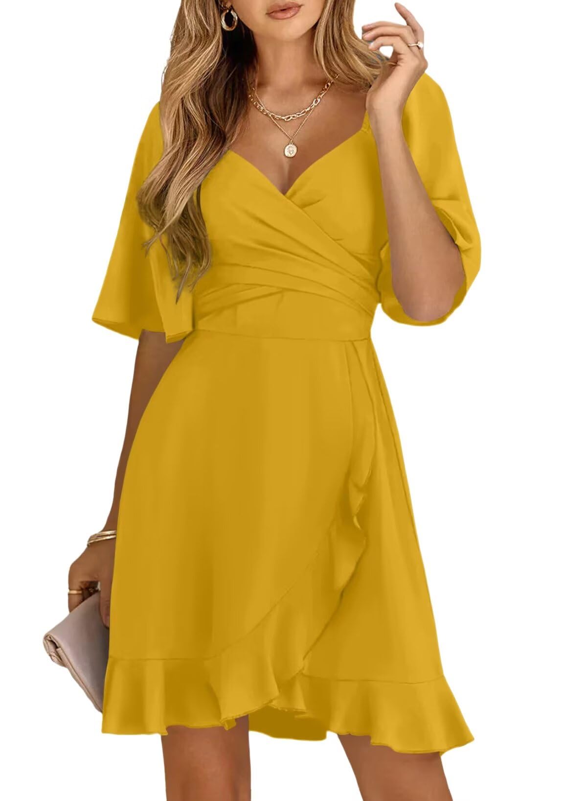 Women's Wrap V Neck Short Flared Sleeve Wedding Guest Dress Smocked Elastic Waist Tiered Belted Ruffle Hem Mini Dress