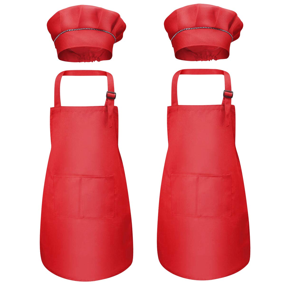 4 Piezas Niños Delantal y Gorro de Cocinero, Infantil Delantal Con 2 Bolsillos para Niñas, Ajustable Niñito Delantales de Cocina Chef para Cocinar Hornear Pintura Artesanía (7-13 Años)