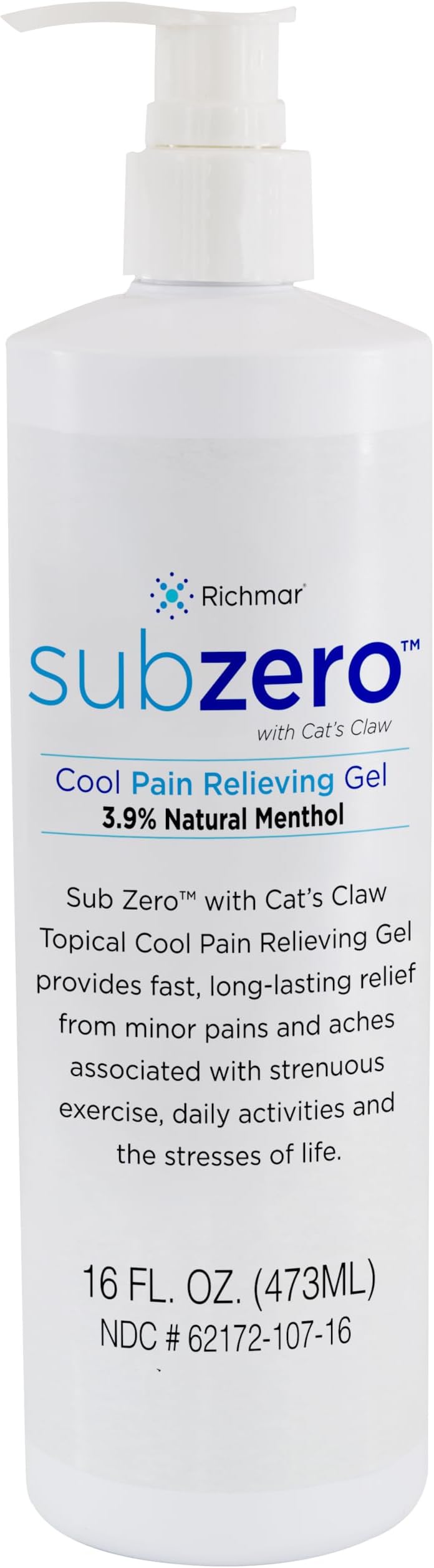 Sub Zero Cooling Pain Relieving Gel Relieving Gel 16 oz Bottle with Pump Colorless Fast Cooling Pain-Relief for Sore Muscles & Joints Arthritis Strains Stress & Minor Sports Injuries