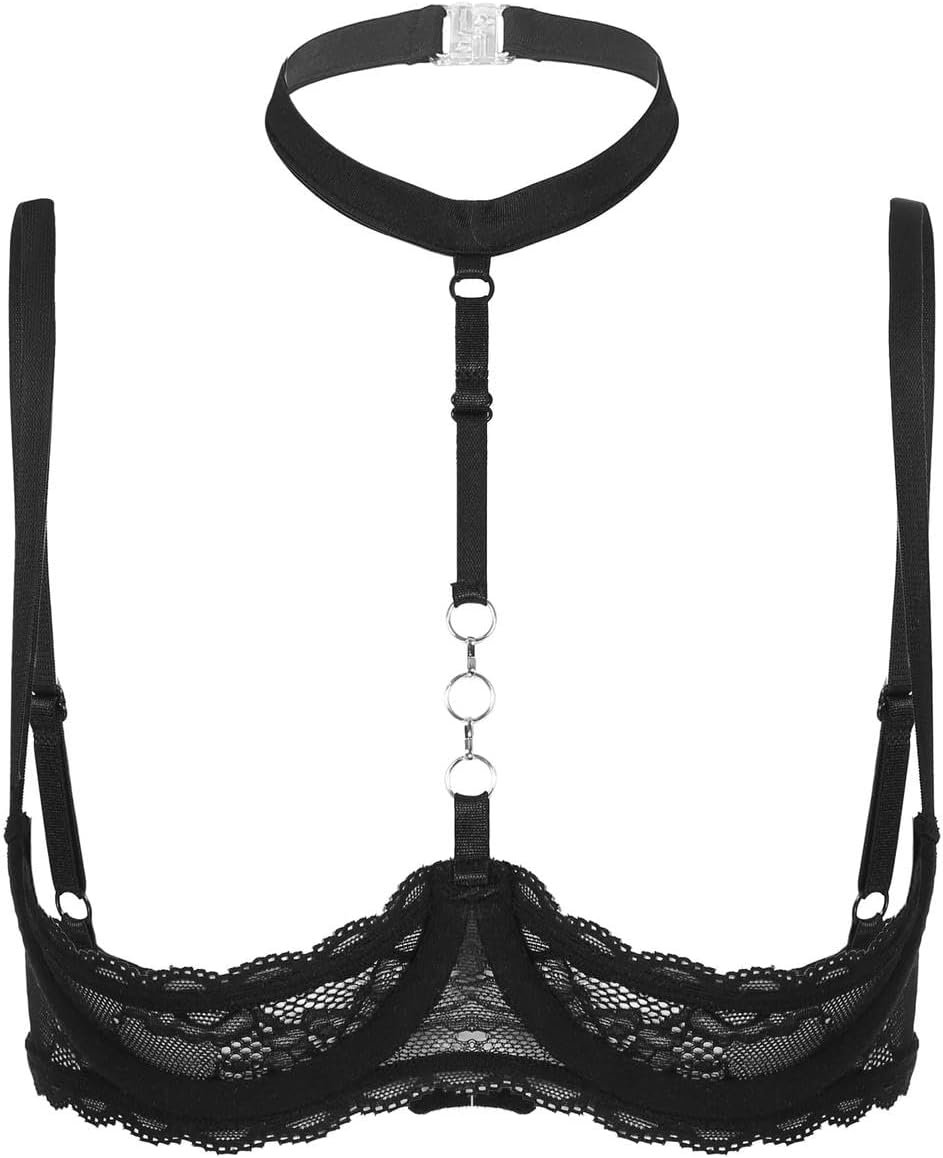 Womens 1/4 Cups Underwire Bra Halter Neck O Ring Sheer Lace Push Up Brassiere Lingerie Open Breast Exposed Bra Underwear Black
