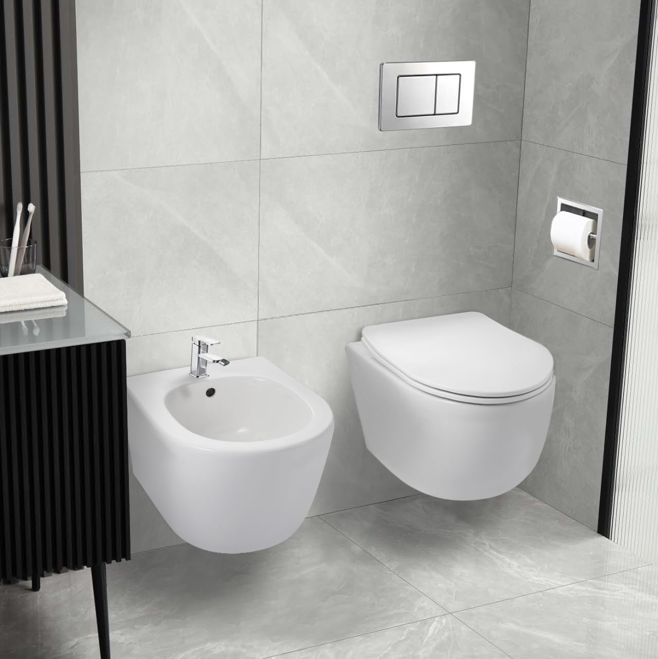 Bidet podwieszany z zestawem montażowym, ceramiczny, miejsce na baterie, odpływ przelewowy, AROX WC biały