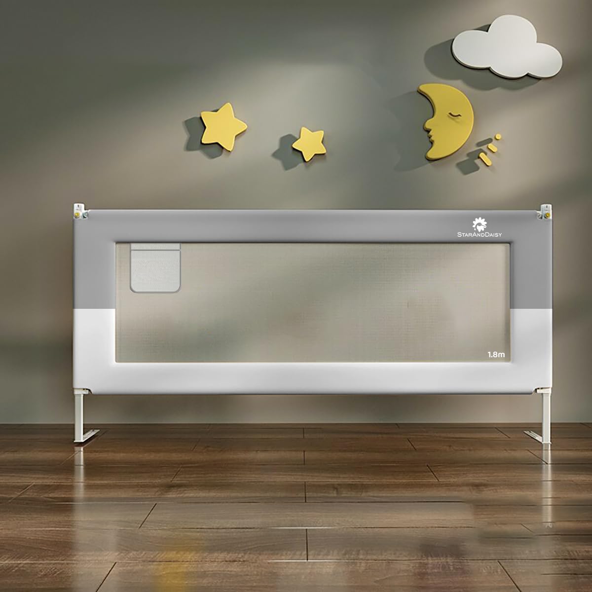 StarAndDaisy Baby Bed Guard Rail with T- Body Support Frame, Adjustable Height/Portable Single Side Bed Rail for Infant & Toddler's Safety (Grey & White-1.8 M), Alloy Steel & Fabric