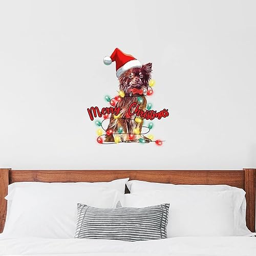 Calcomanías de pared con texto en inglés Dog Tangled in Lights Merry Christmas, calcomanías de pared con letras positivas, el mejor perro para el