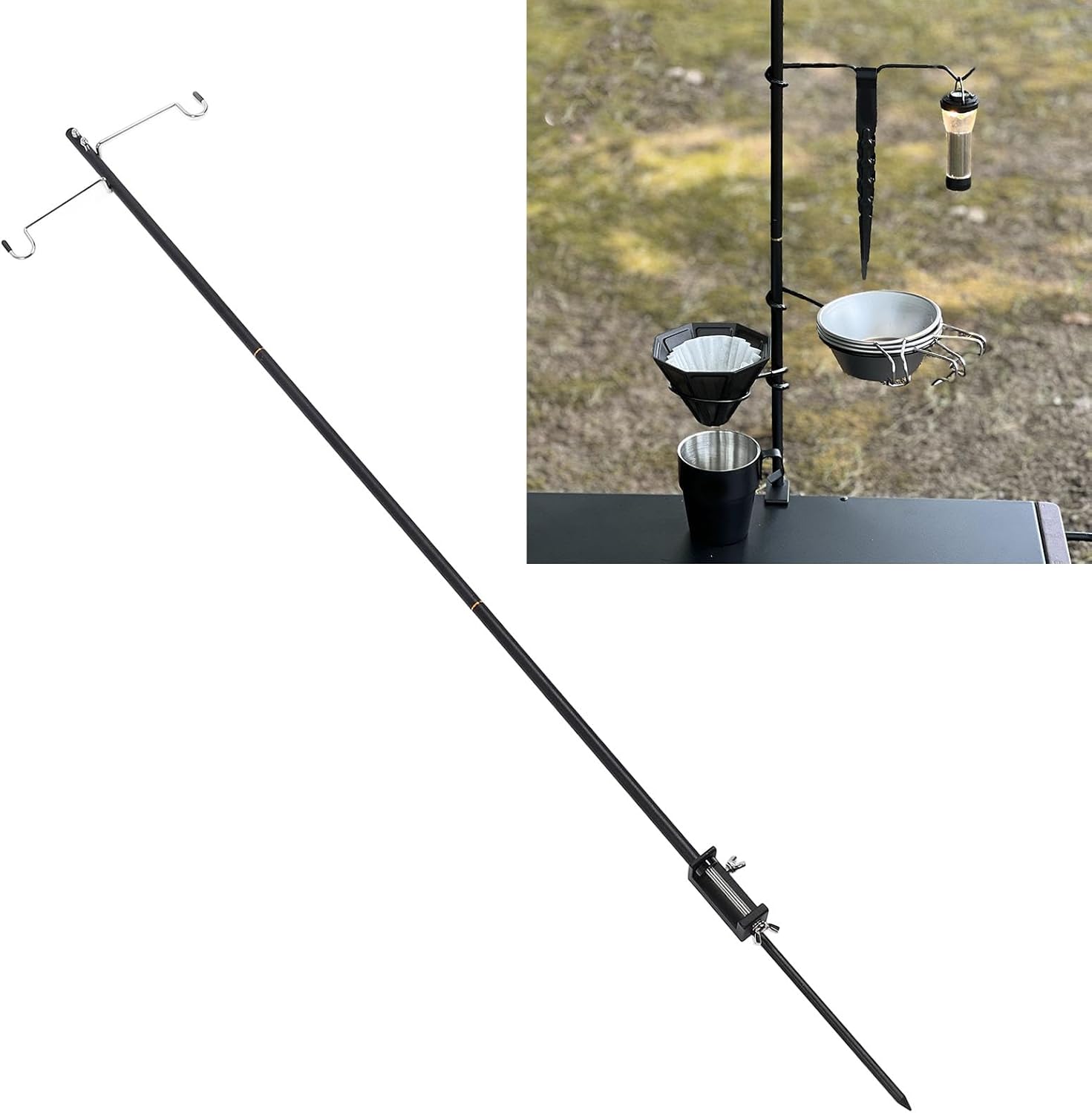 Portable Camping Light Pole Stand, Outdoor Lamp Holder with Multi - Functional Hook, Durable Iron Construction for Hanging Lanterns, Cutlery, and Accessories, Ideal for Picnic, Hik