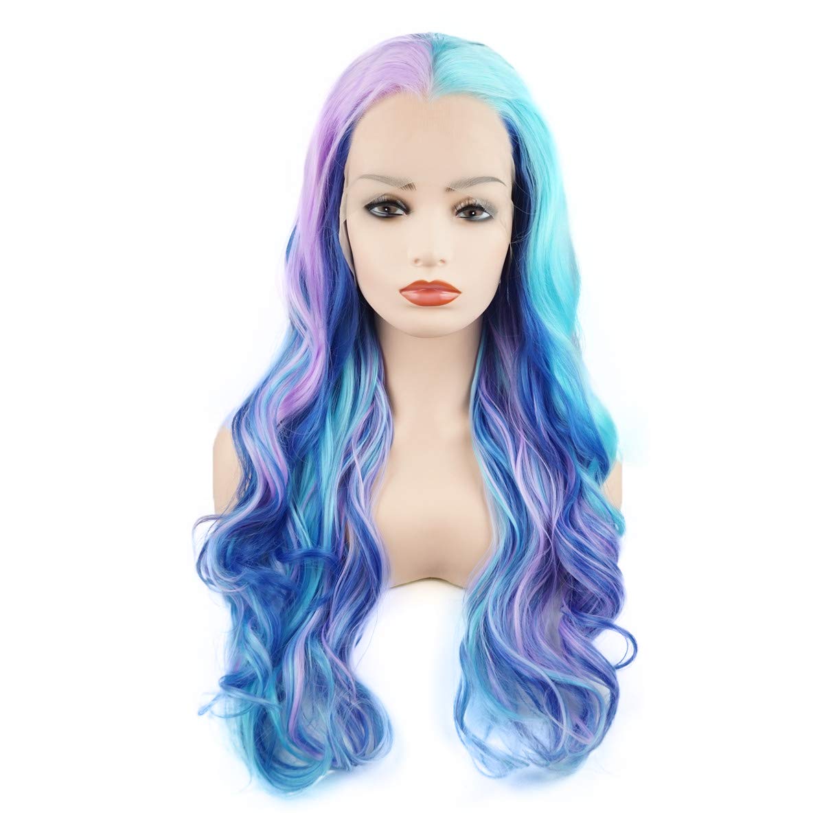 Meiyite Hair Wavy Long 24inch Two Tone Blue and Pink Mix Heavy Density Realistic Synthetic Lace Front Wigs
