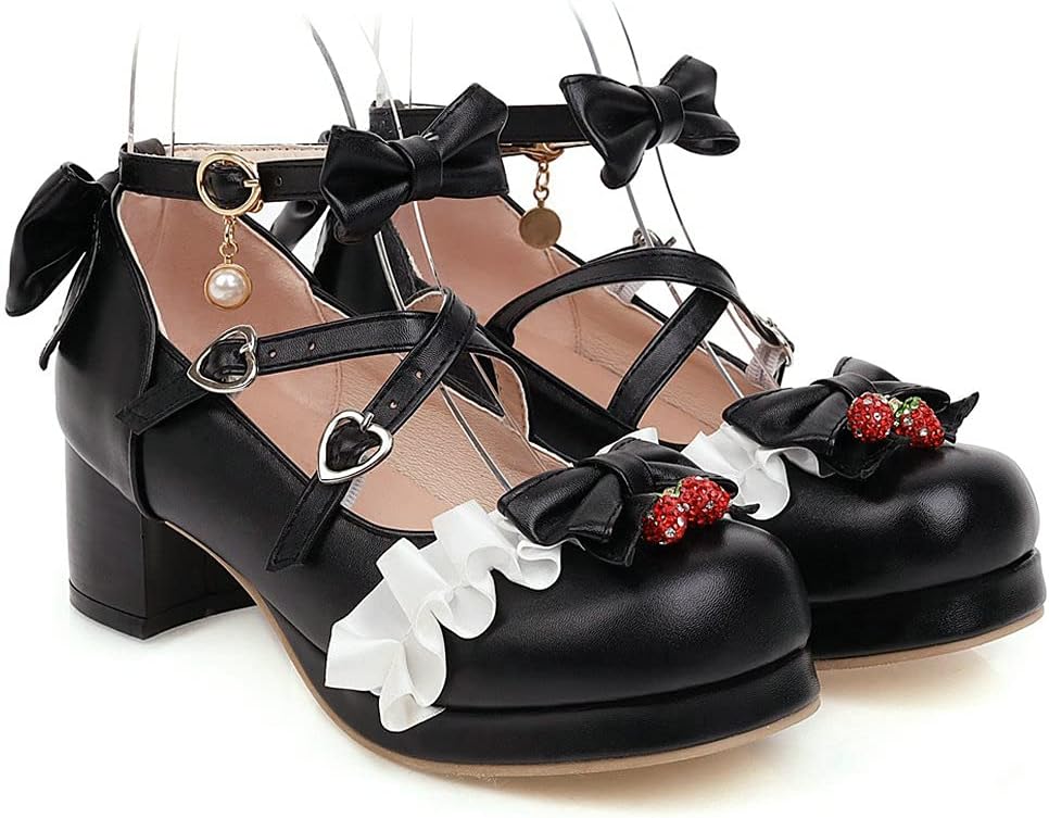KOKOMOMO Womens Sweet Lolita Platform Shoes Kawaii Bow Mary Janes Low Block Heel Pumps