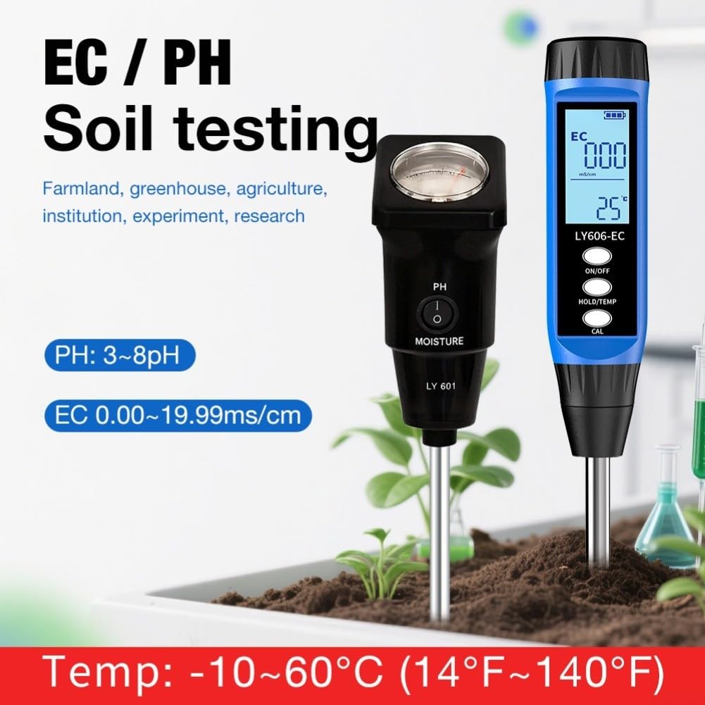 Medidor digital de pH y conductividad, probador de suelo de 3-14 pH y 0-19,99 mS/cm con pantalla LCD, compensación automática de temperatura, sonda portátil para agricultura y jardín agrícola