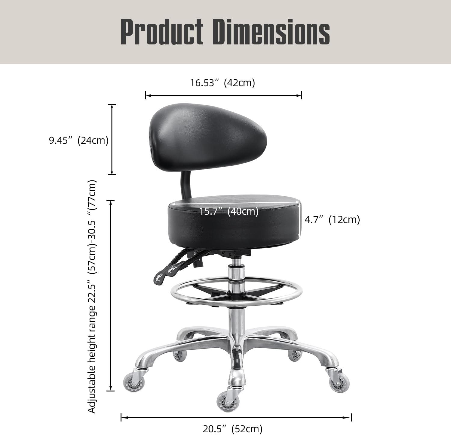 Grace&Grace Drafting Chair Big Cushion Rolling Stool with Back, Tall Shop StoolRolling Chair with Footrest for Studio, Workshop, Classroom, Lab, Counter, Home Office (Black)