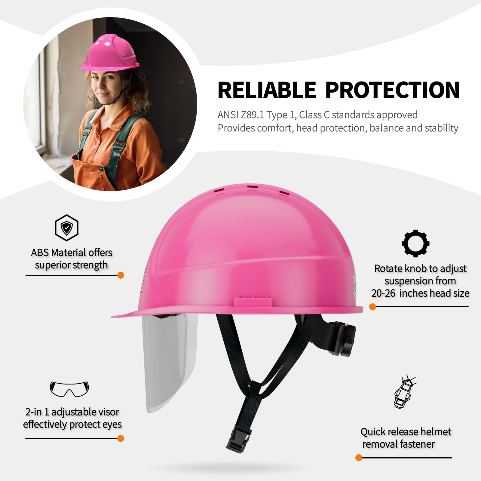 Hard Hats Hi-Viz Reflective Safety Hard Hat With Visor, Vented