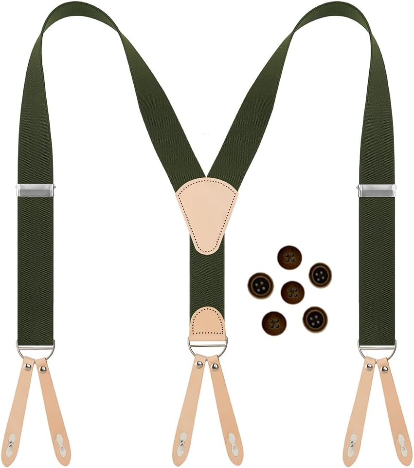 Button Suspenders for Men 100% Genuine Leather 1.4 Inches Elastic Adjustable Casual