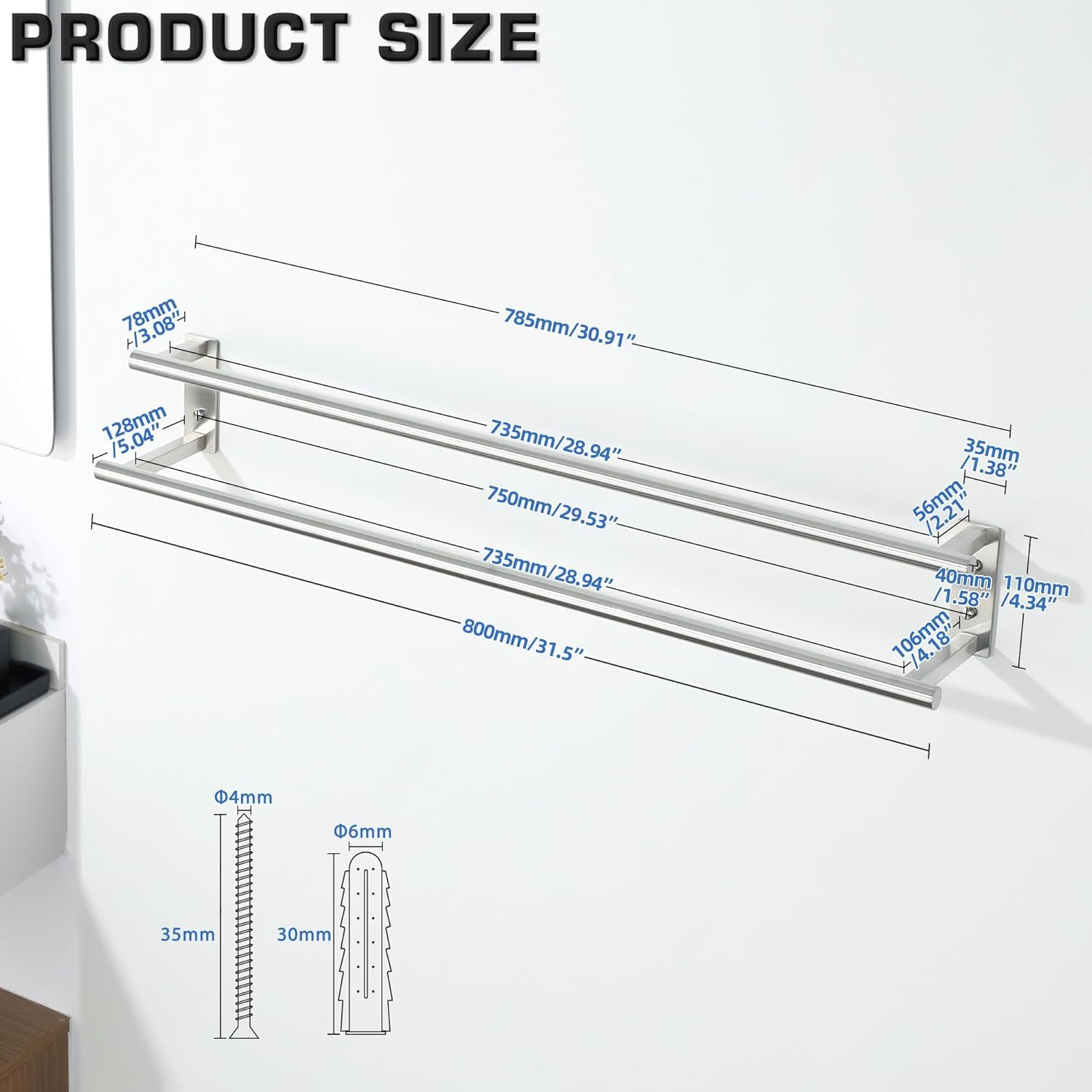 Mooche Towel Rail,Bathroom Towel Rail Wall Mounted, Double Towel Rack for Bathroom,SUS304 Stainless Steel 800MM Towel Holder - Image 2