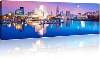 American Cityscape Wall Art , Skyline of Downtown Cleveland on Lakeside, Ohio, USA Stretched Canvas Wall Art City Skyline at Dusk Prints for Bedroom Office Decor, Ready to Hang- 12"Wx46"H, 1 Panel