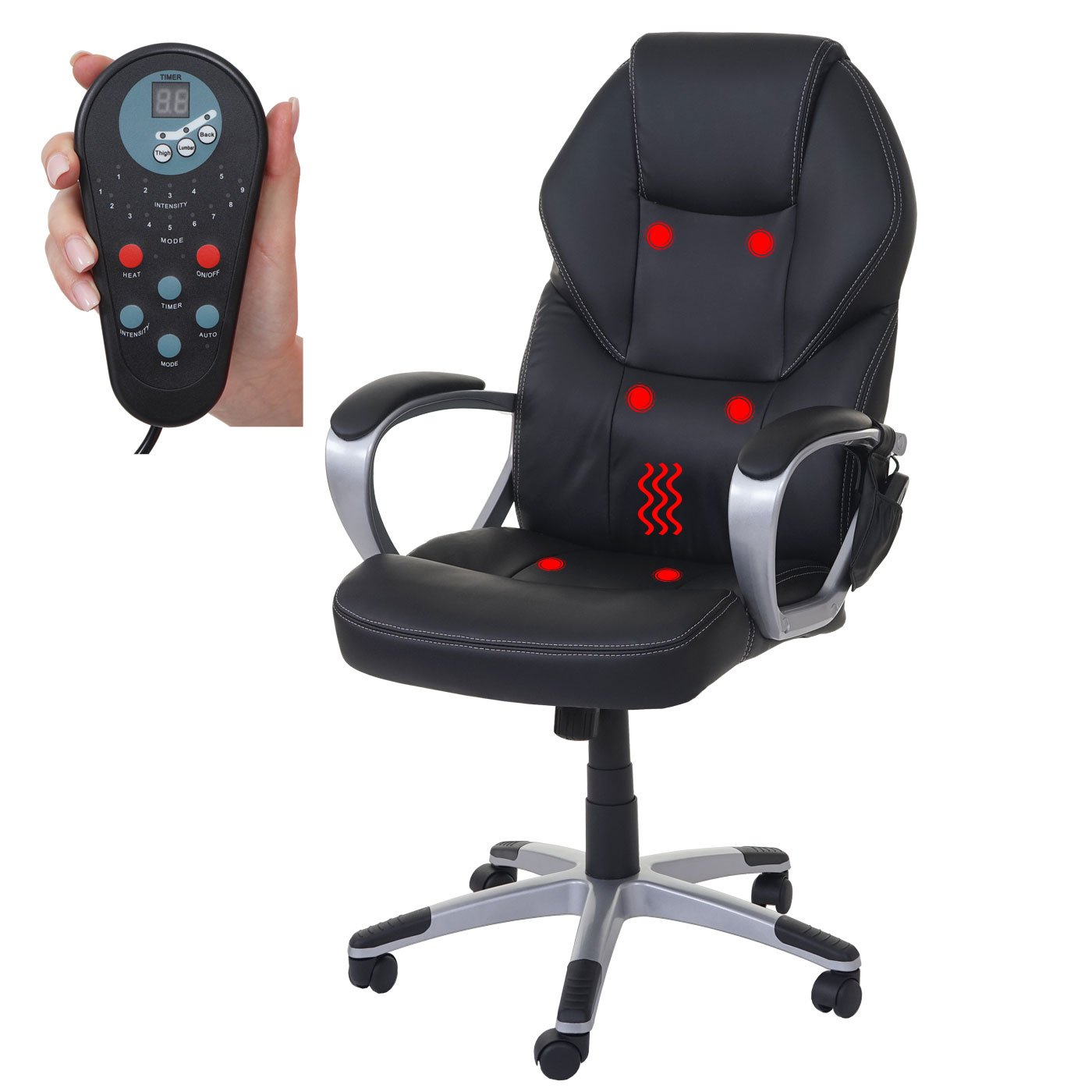 Mendler Massage-Bürostuhl HWC-A69, Drehstuhl Chefsessel, Heizfunktion Massagefunktion Kunstleder - schwarz