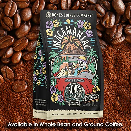 Bones Coffee Company Macamaniac Flavored Whole Coffee Beans Macadamia And Coconut Flavor | 12 Oz Flavored Coffee Gifts Low Acid Medium Roast Flavored Coffee Beverages (Whole Bean) #TOP3