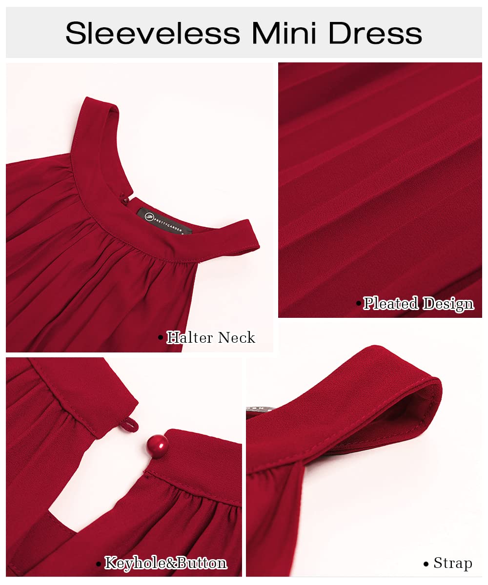PRETTYGARDEN Summer Mini Halter Dresses for Women 2025 Sleeveless Pleated Short A Line Flowy Beach Wedding Guest Dress(Small, Wine Red)