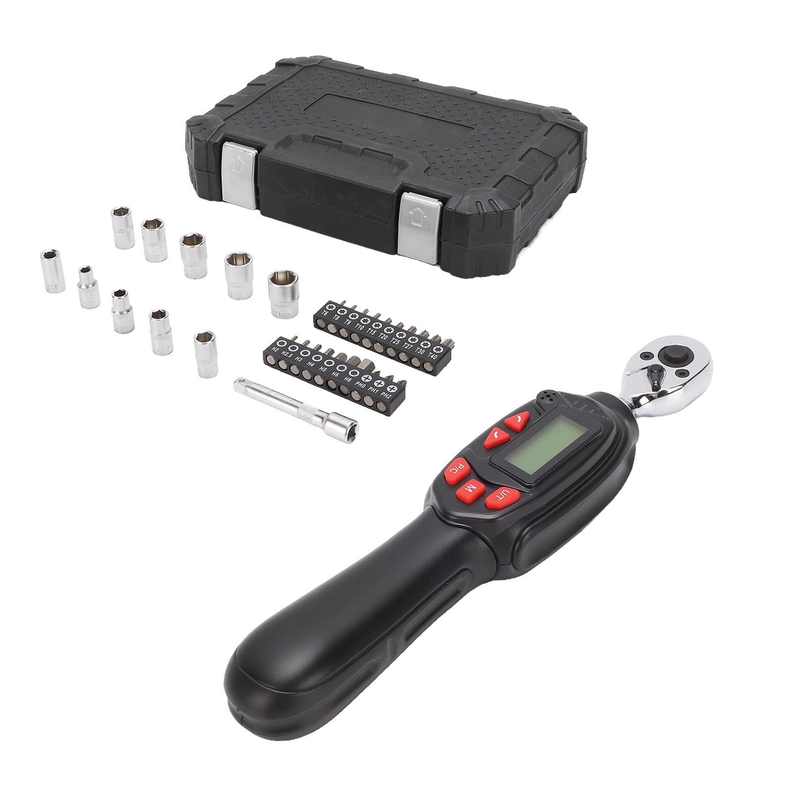 Yosoo Health Gear Cyfrowy Zestaw Kluczy Dynamometrycznych 1 4-calowy Klucz Dynamometryczny 1,5 do 30 Nm z Brzęczykiem LED 32-częściowy Zestaw Gniazd Sześciokątnych Przechowywanie Danych dla (32
