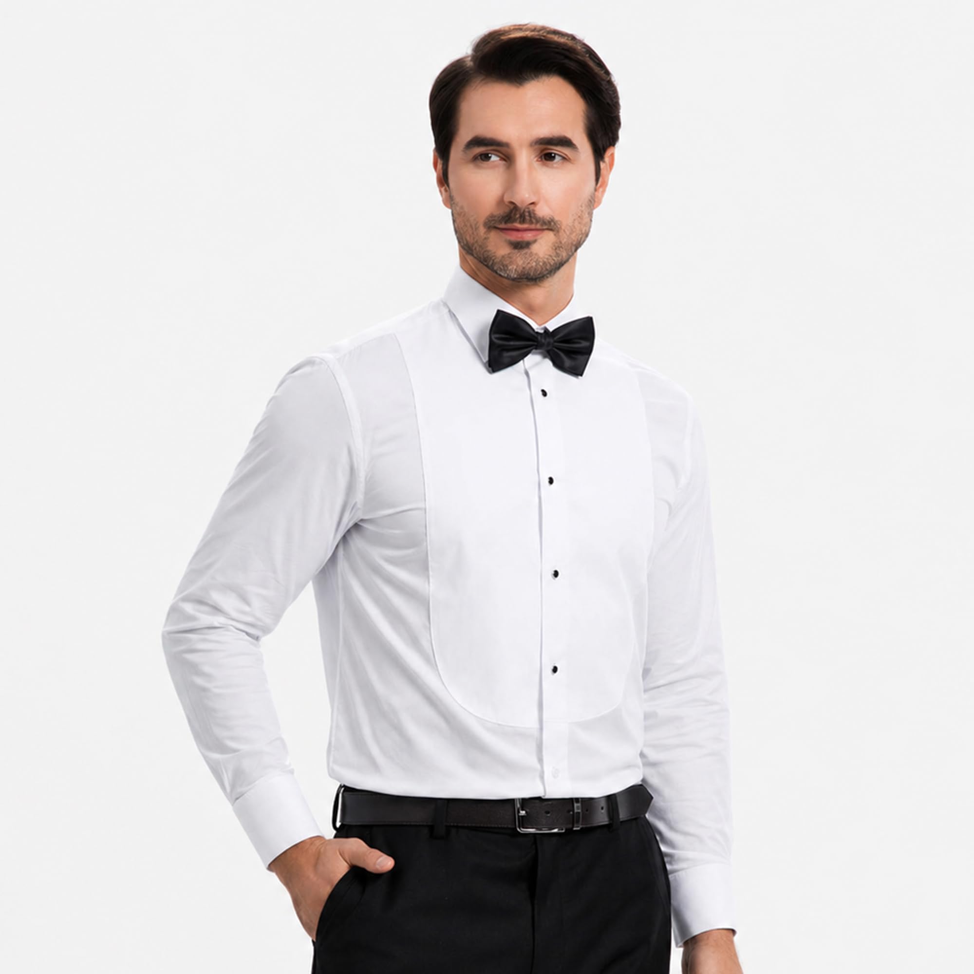 Camicia da smoking da uomo con colletto Windsor, polsini francesi e jacquard frontale, camicia formale elasticizzata per matrimonio e ballo di fine anno, cravatta nera