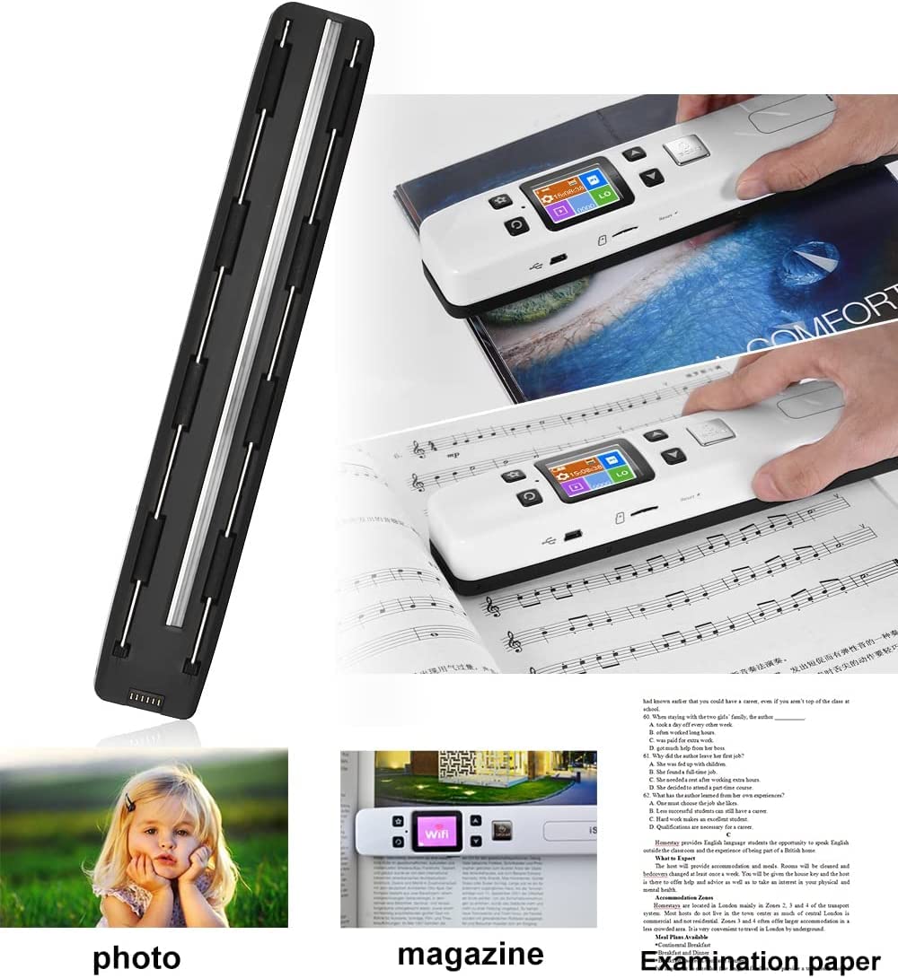 Portable Photo Scanner, Wireless Document Scanner, Handheld Wand Scanner for Document Image with 16G SD Card, 300/600 /1050DPI, Zero Margin, 1.8” Color Screen for Preview