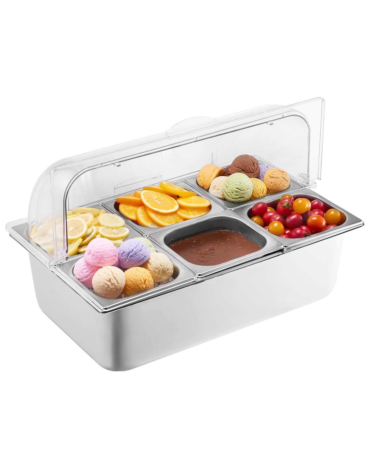 VEVOR Countertop Food Serving Display Container, 6 Pan Stainless Steel Food Serving Tray, Buffet Condiment Dispenser Display Rack with Clear Lid & 3 Freezer Boxes, for Restaurant Hotel Kitchen Party