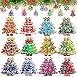 24 Pcs Double-Sided Christmas Wooden Ornaments Wood Hanging Decoration Set for Christmas Tree Decor Xmas Party Supplies (Xmas Trees)