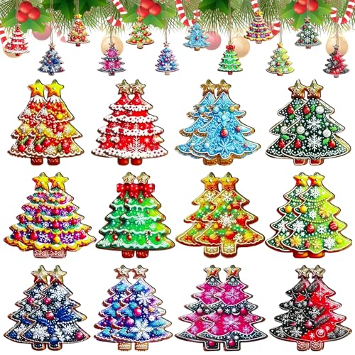 24 Pcs Double-Sided Christmas Wooden Ornaments Wood Hanging Decoration Set for Christmas Tree Decor Xmas Party Supplies (Xmas Trees)