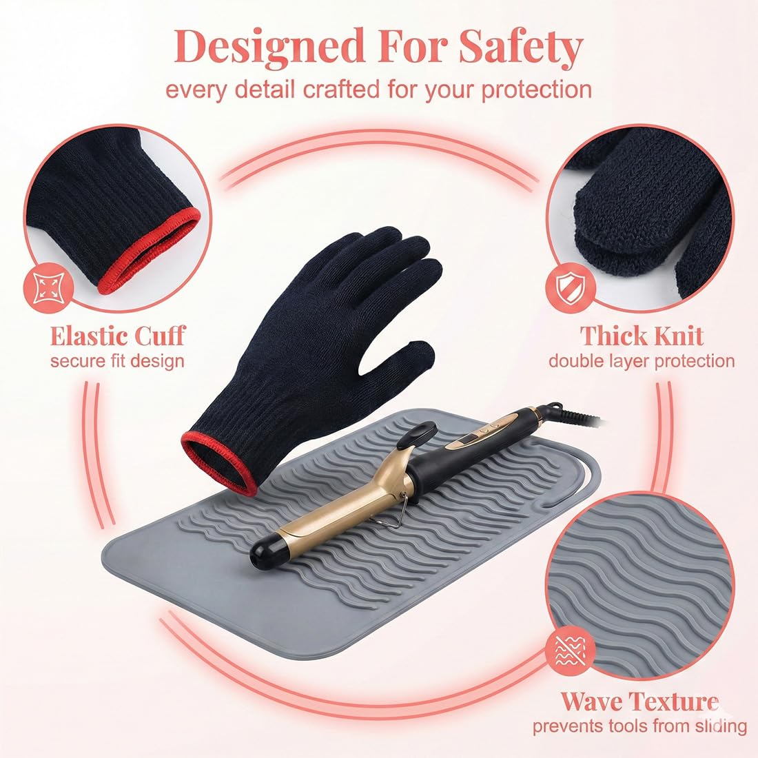 2 Pcs Gants Contre La Chaleur De Protection et 1 Coussin Anti-brûlure, Coiffure Anti Chaleur,Professionnels Anti Chaleur pour Coiffure