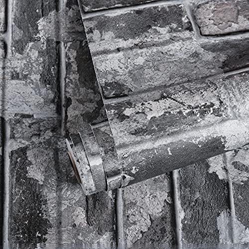 VEELIKE Black and Grey Brick Wallpaper Self-Adhesive Stone Effect Wallpaper Vintage Brick Contact Paper for Living Room Bathroom Waterproof Thick Lining Paper for Walls Kitchen Removable 40cm x 300cm