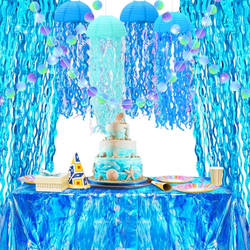 Image of 8 Pcs Under the Sea Party Decorations Ocean Waves Tablecloths Blue Tinsel Foil Fringe Curtain Jellyfish Paper Lanterns Glitter Circle Garland Hanging Banner for Baby Shower Birthday Decor
