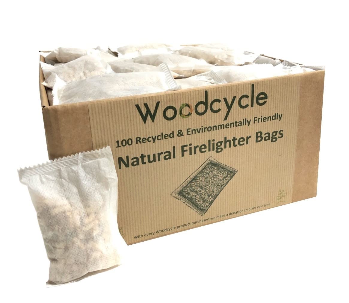 WoodcycleNatural Firelighter Bags - Environmentally Friendly Fire Starters for Log Burners, BBQ's, Stoves, Pizza Ovens, Camp Fires, Chimeneas and Charcoal Cooking (100)