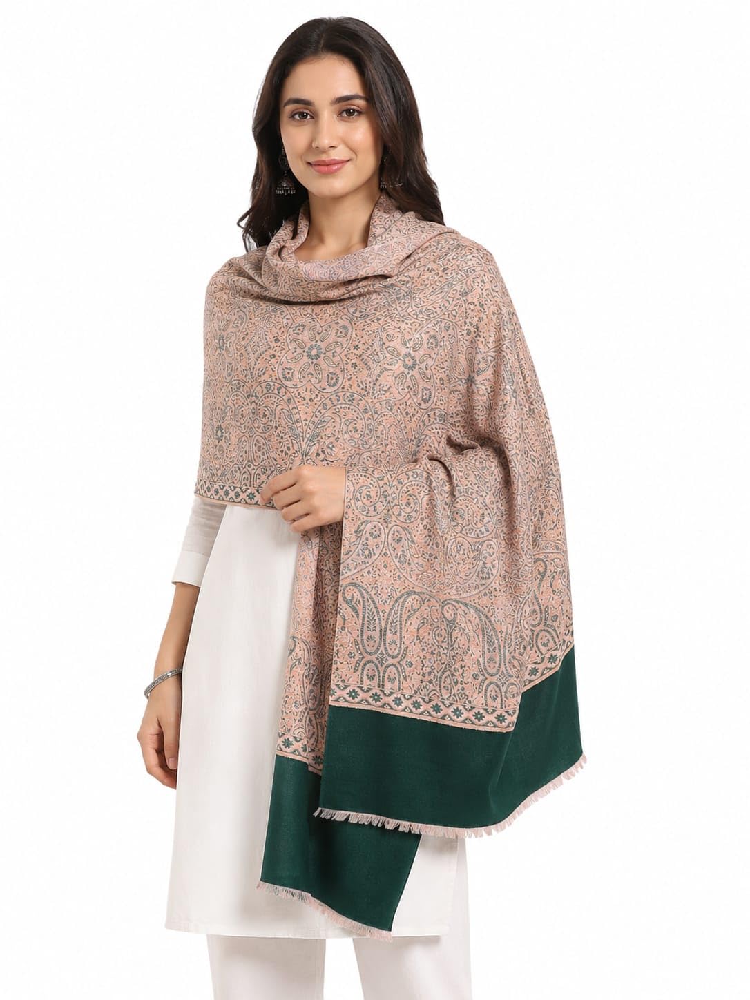 Women's Paisley Print Woollen Shawl Wrap, Peach and Green-image-45