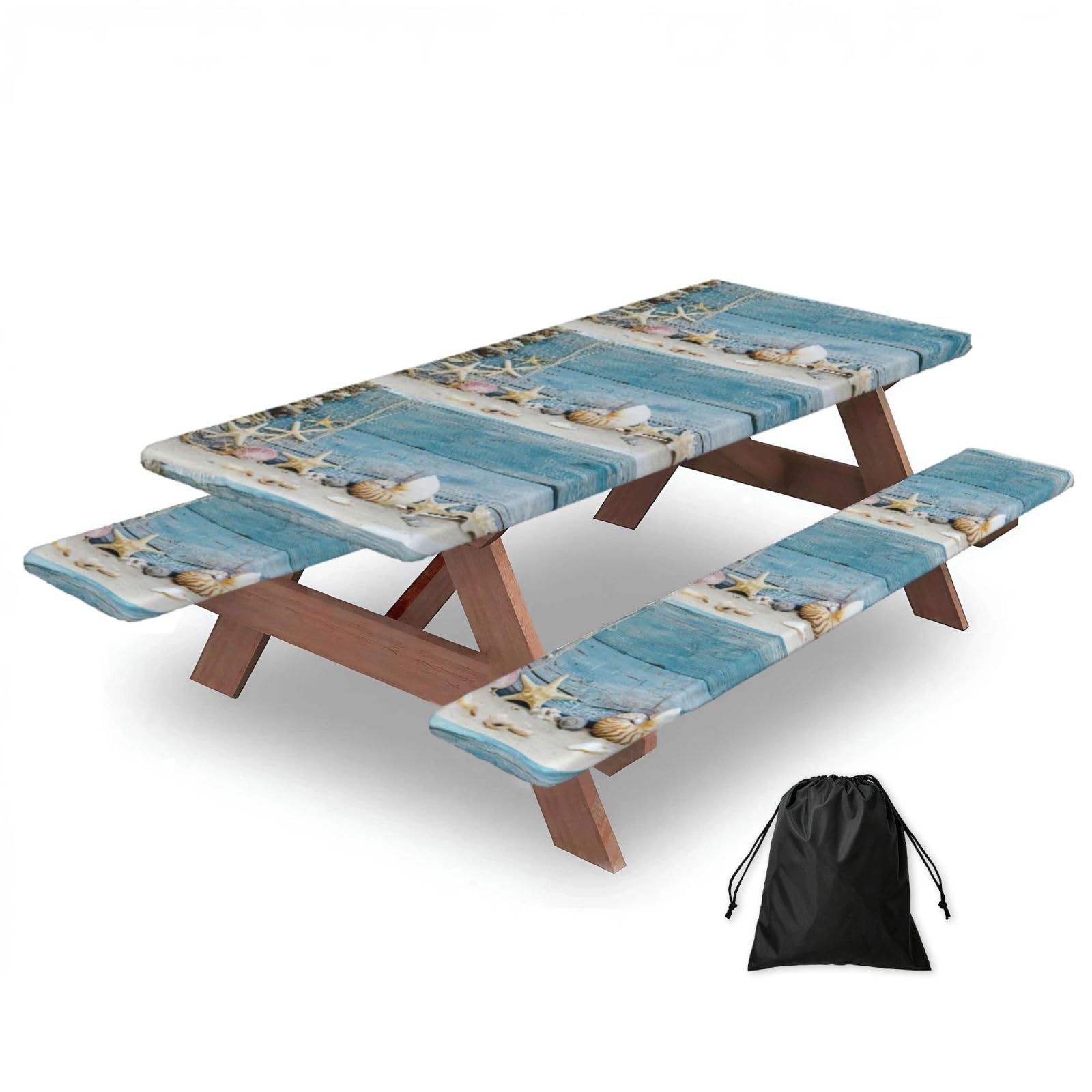 Yqxwjl Black Shell Starfish Pattern Print Camping Essentials Waterproof Camping Table And Bench Cover With Drawstring Bag 183 Cm