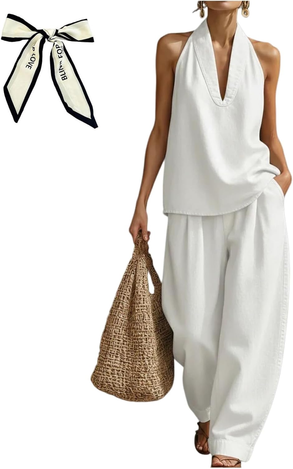 Cozy Minimalist Two-Piece Denim Set, Backless Halter Vest Top Wide Leg Barrel Jeans Two Piece for Casual Everyday Outfit