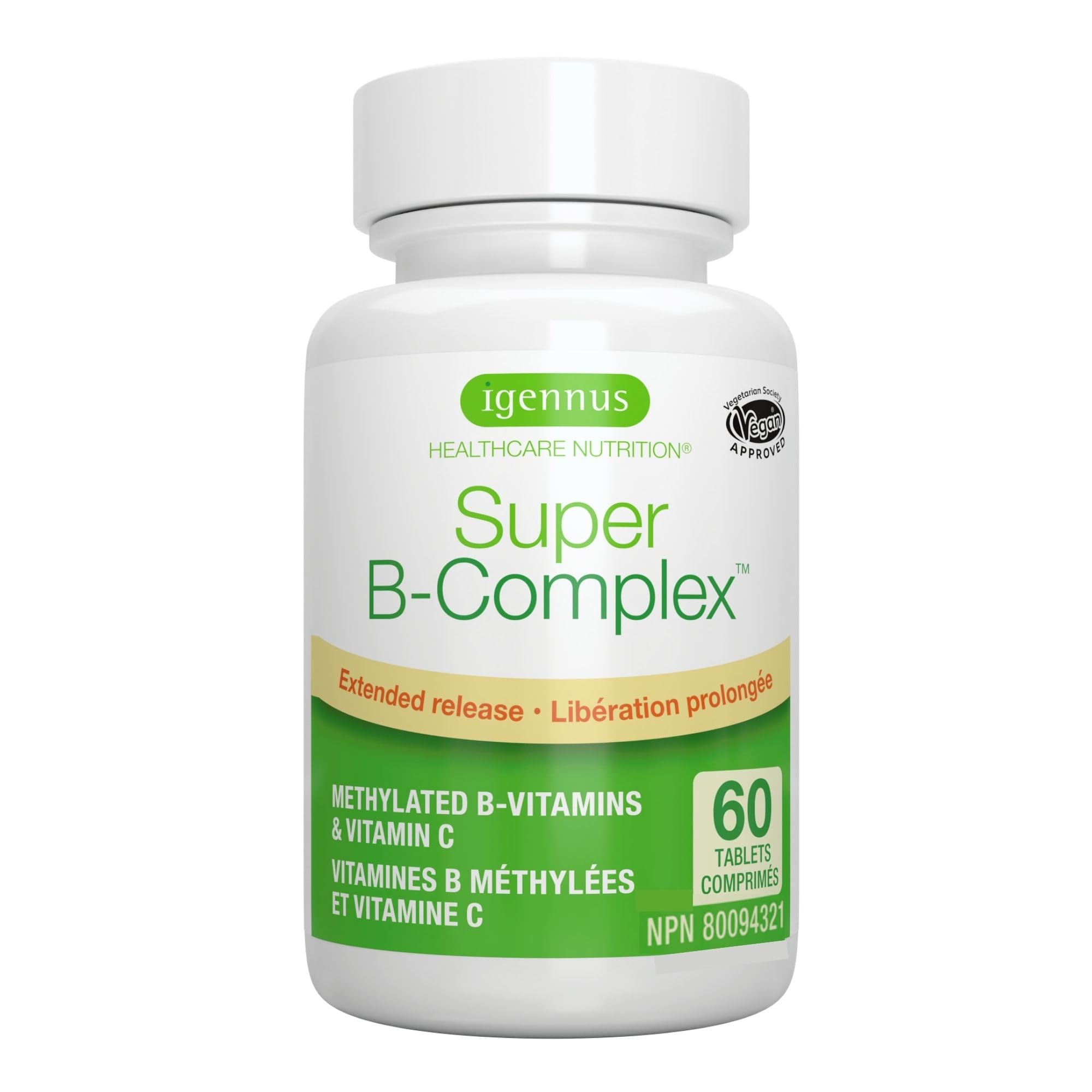 Igennus Super B-Complex - High Strength & Sustained Release Methylated B Vitamins, B12, B6, Methyl Folate & Vitamin C, For Women & Men, Flush-Free Niacin, Clean Label, 60 Vegan Tablets