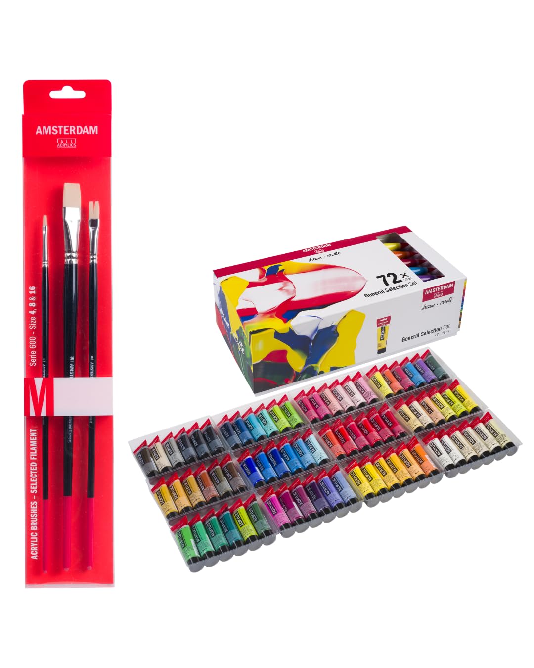 Amsterdam Acrylfarben Profi Set – 73 x 20 ml Acrylfarben + 3er Pinselset (Größen 4, 8, 16) | Künstler Acrylfarben Set für Leinwand, Malerei, Mixed Media & Einsteiger