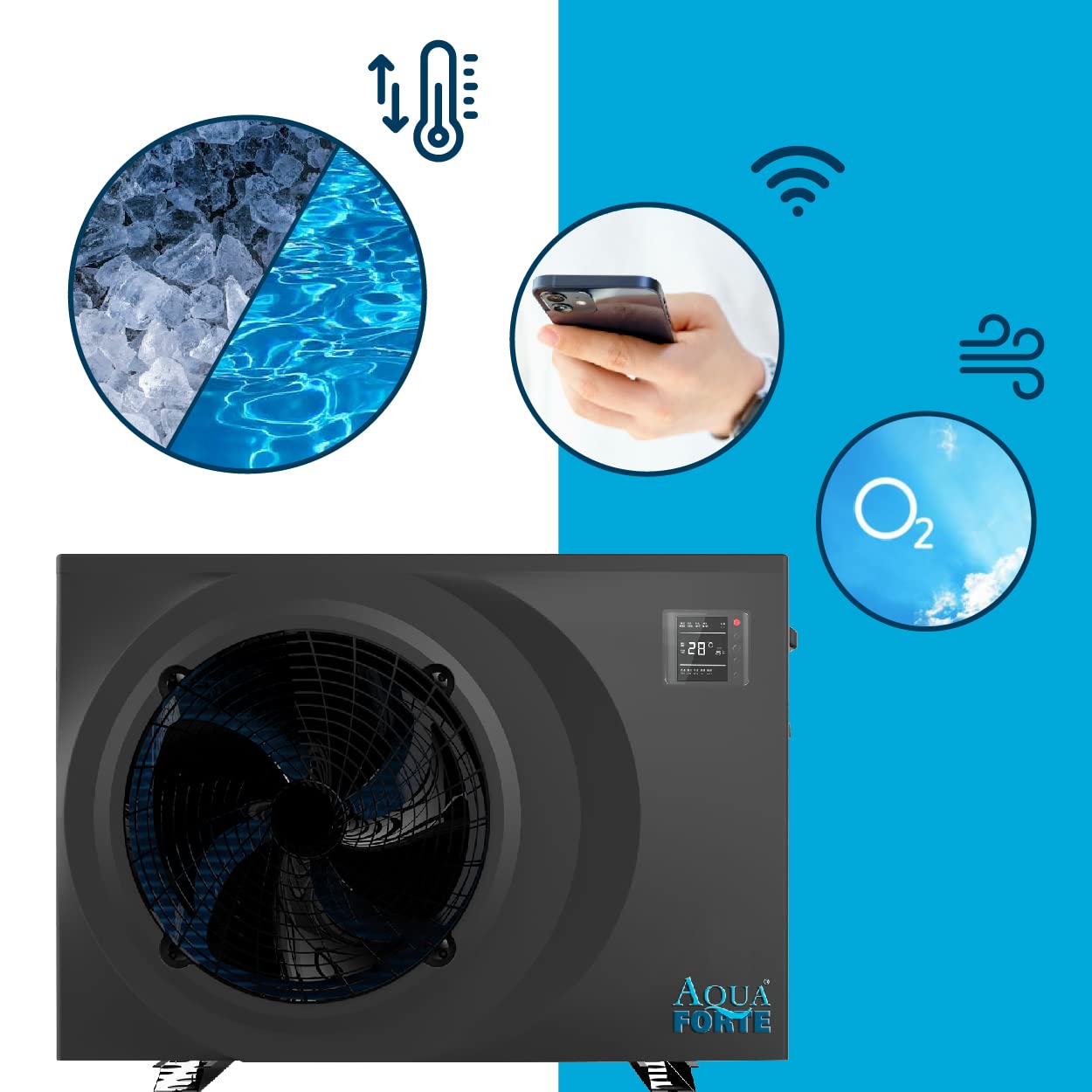 AquaForte Full Inverter Wärmepumpe 7,2 Kilowatt , 7.32 AMP, Leistungsaufnahme Kilowatt 0.10 1.61, Kann sowohl kühlen als auch heizen, geeignet für Schwimmbecken, Schwarz