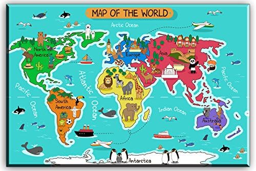 SZ HD Painting World Map Canvas Wall Art for Kids Room, Typical Animals on Continent Map of The World Canvas Prints for Children Education, Ready to Hang, 1" Deep, Waterproof
