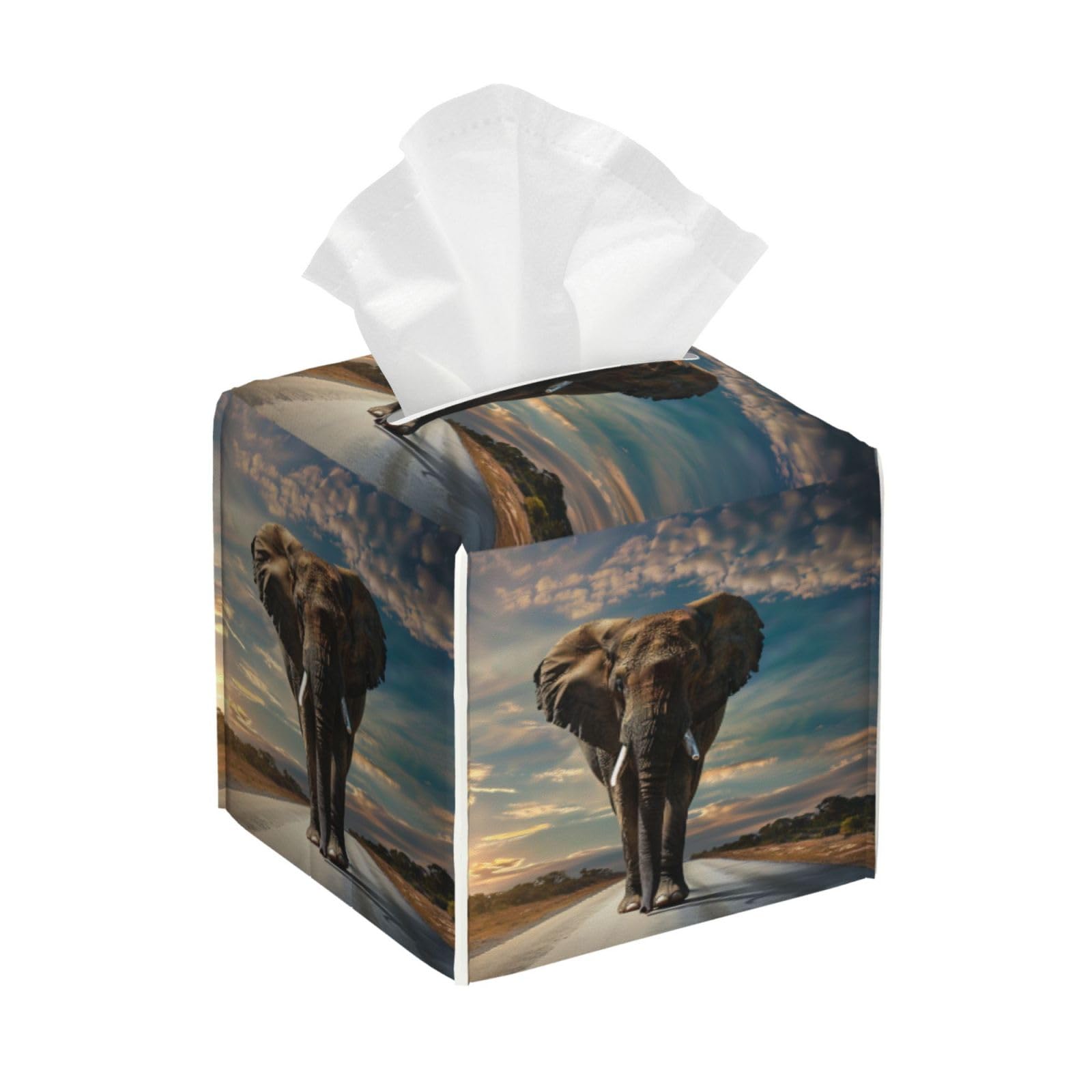 Square Tissue Box Cover, Leather Tissue Cube Box Holder, Elephant Walking On Hhighway Facial Paper Case for Tabletop, Bathroom, Car, Office 5.2"x5.2"x5.2"in