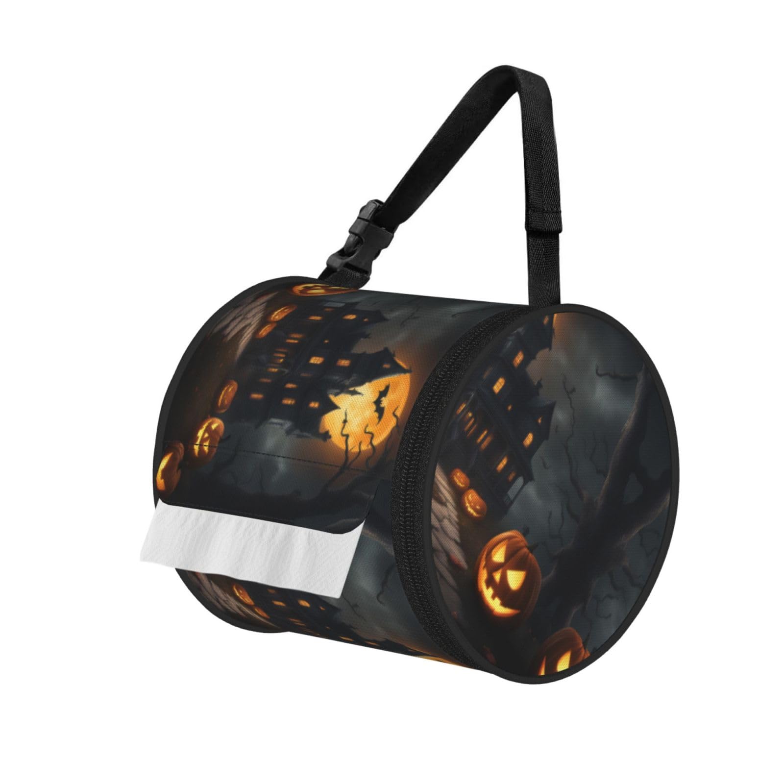 Halloween Horror Print Cylinder Bathroom Tissue Holder With Buckle Strap, Portable Paper Case For Road Trips