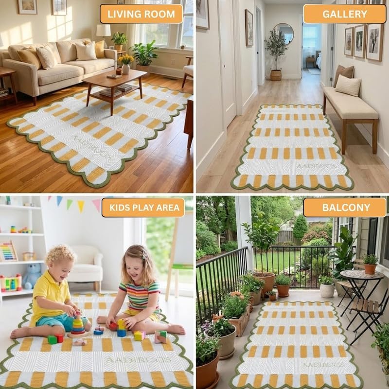 Blue Zig Zag Wavy Scalloped Area Rug Hand Tufted Wool Irregular Shape Modern Plush Floor Rug for Living Room Bedroom Kids Room Nursery Apartment Decor 6' x 9