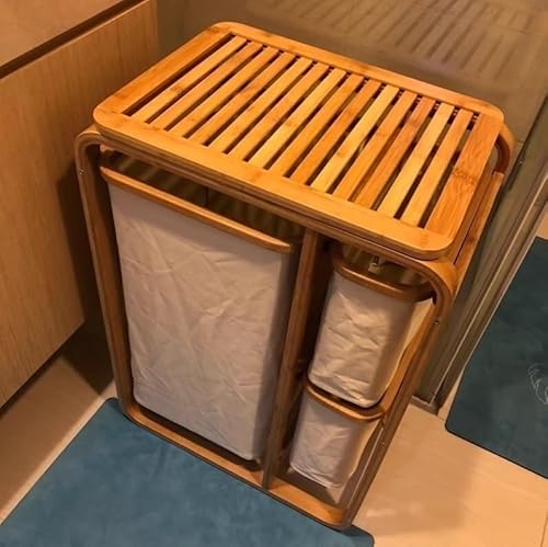 Bamboo Laundry Basket with 3 Sections, Multifunctional Hamper with Shelf for Bathroom & Laundry Room