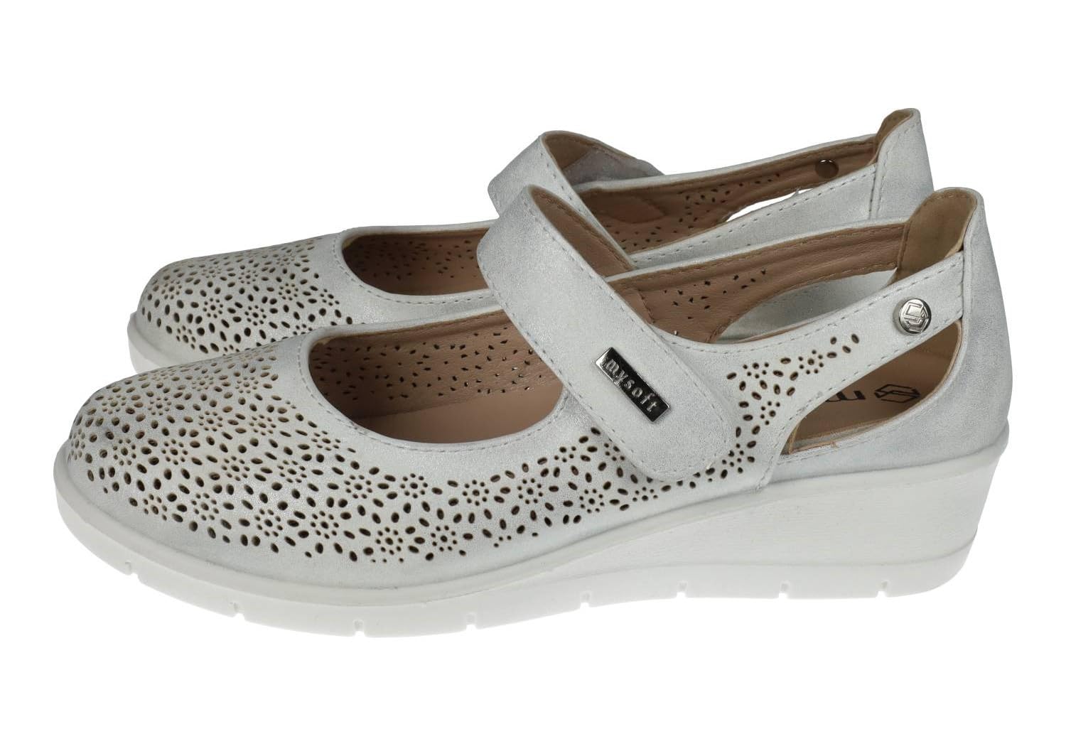 mysoft 25M208 Merceditas Mujer Plata con Diseño Calado y Cinta Textil Adhesiva Mujer Manoletinas