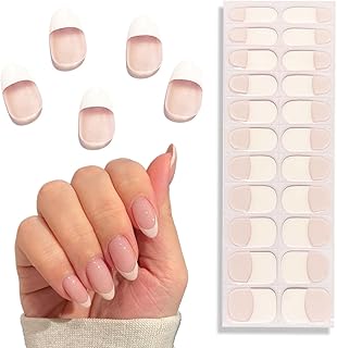 Semi Cured Gel Nail Strips (Clear Pink Base) French Nail Tips Full Nail Wraps for Party 22 Pcs Long Lasting Salon-Quality DIY Manicure at Home UV Lamp Required