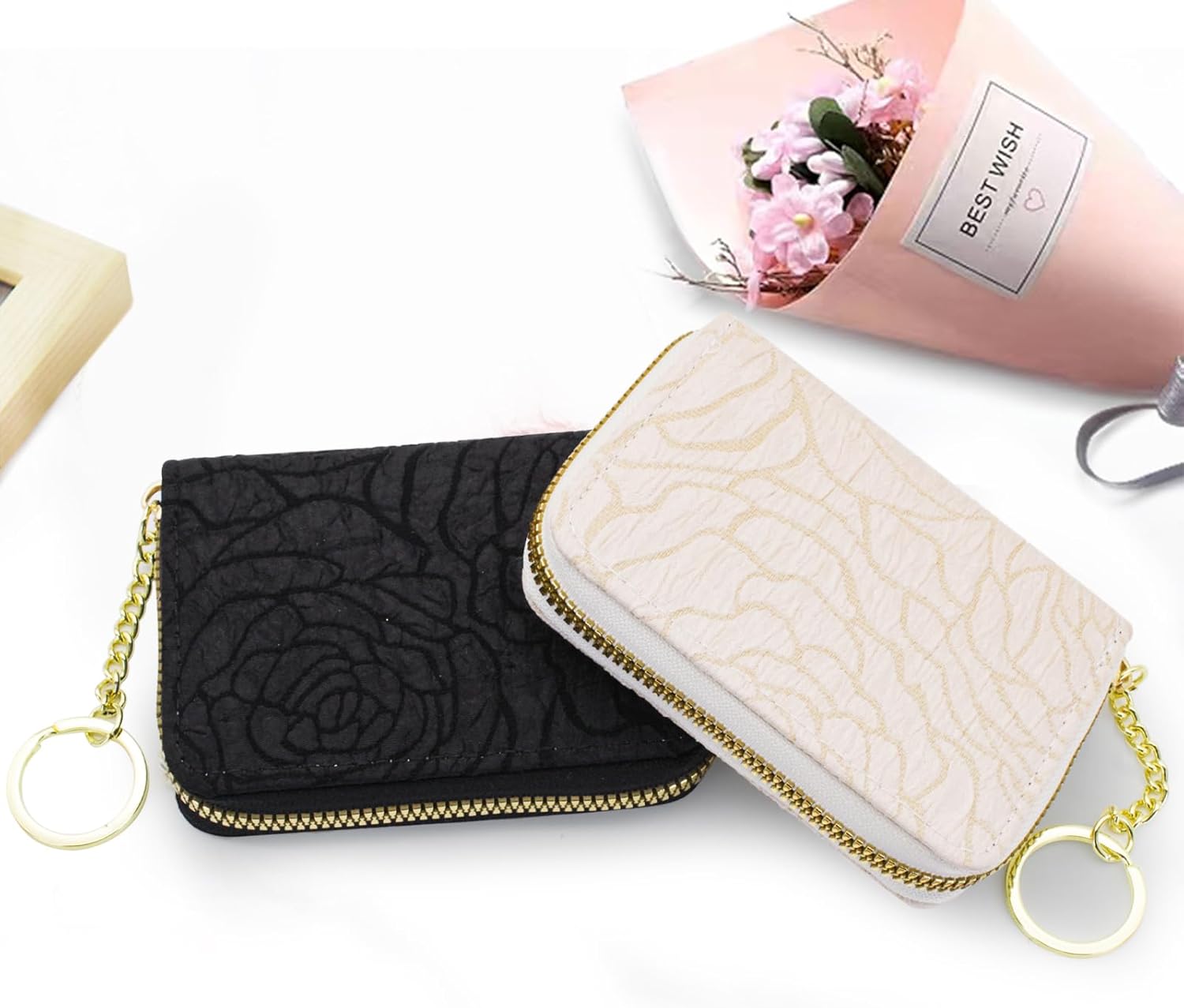 신용카드 홀더 지갑 플라워 천 신용카드 케이스 휴대용 11개 카드 슬롯 카드 아코디언 지갑 지퍼 및 키 링 카드 지갑 여성용  (베이지색)-Freehip.co.kr