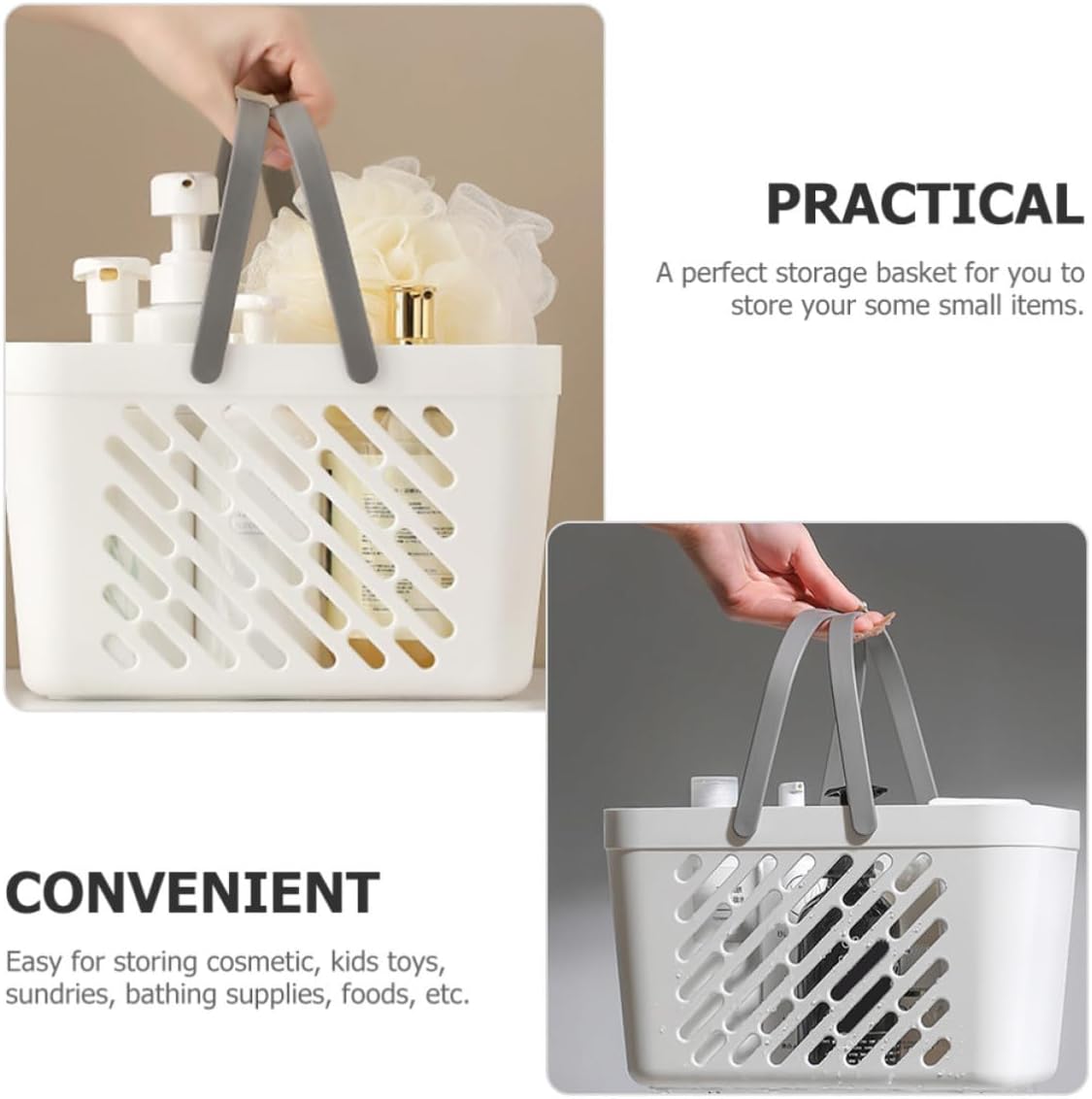 White PP Hollow Shower Basket with Handle for Outdoor Desktop Use